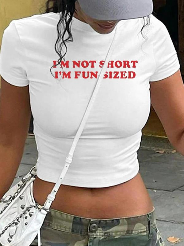 Women's Letter Print Round Neck Crop Tee, Casual Short Sleeve Crew Neck T-shirt for Summer, Fashion Women's Top for Daily...