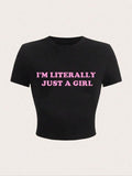 Women's Letter Print Round Neck Crop Tee, Fashion Casual Tight-fitting Short Sleeve T-shirt for Daily Wear, Ladies Summer...
