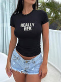 Women's Letter Print Round Neck Crop Tee, Graphic Tees, Casual Short Sleeve T-shirt for Summer, Women's Top for Daily...