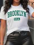 Women's Letter Print Round Neck Graphic Tee, Vintage Trendy Casual Drop Shoulder Short Sleeve T-shirt for Daily Wear,...