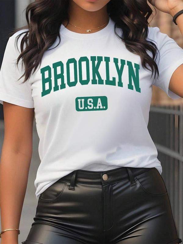 Women's Letter Print Round Neck Graphic Tee, Vintage Trendy Casual Drop Shoulder Short Sleeve T-shirt for Daily Wear,...