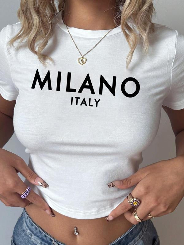 Women's Letter Print Round Neck Tee, Casual Short Sleeve Crew Neck T-shirt for Daily Wear, Ladies Clothes for All...