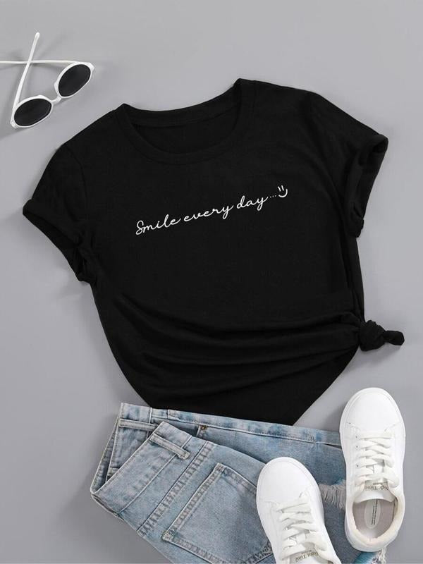 Women's Letter Print Round Neck Tee, Fashion Casual Crew Neck Short Sleeve T-Shirt for Daily Holiday Vacation Outdoor...