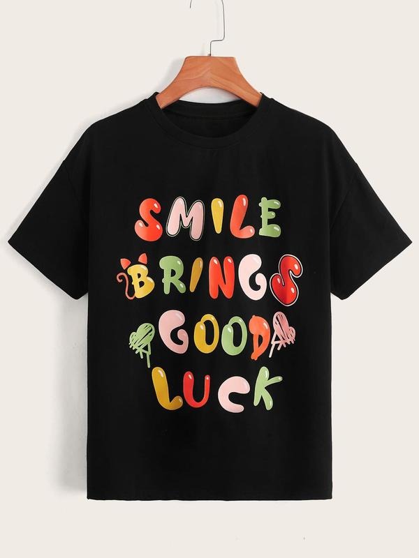 Women's Letter Print Round Neck Tee, Fashion Casual Crew Neck T-Shirt for Daily Holiday Vacation Outdoor Wear, Ladies...