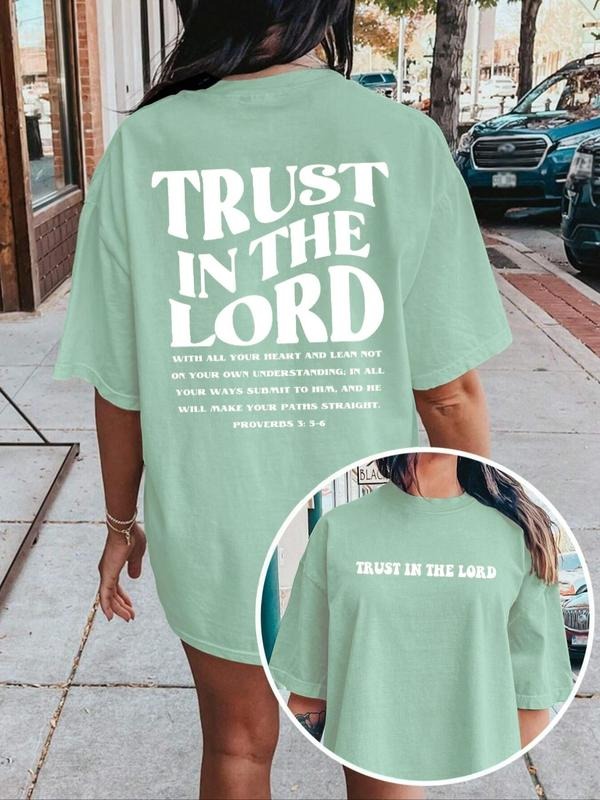 Women's Letter Print Round Neck Tee, Fashion Casual Drop Shoulder Short Sleeve T-shirt, Ladies Summer Clothes for Daily...