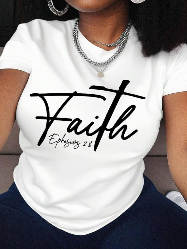 Women's Letter Print Round Neck Tee, Fashion Casual Short Sleeve T-shirt, Ladies Summer Clothes for Daily...