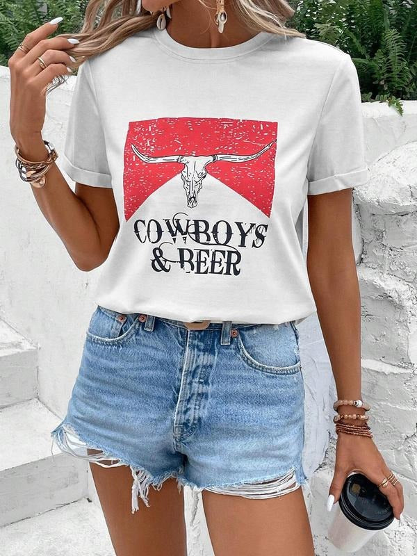 Women's Letter Print Round Neck Tee, Vintage Trendy Casual Short Sleeve T-shirt for Daily Wear, Ladies All Seasons Outfit...