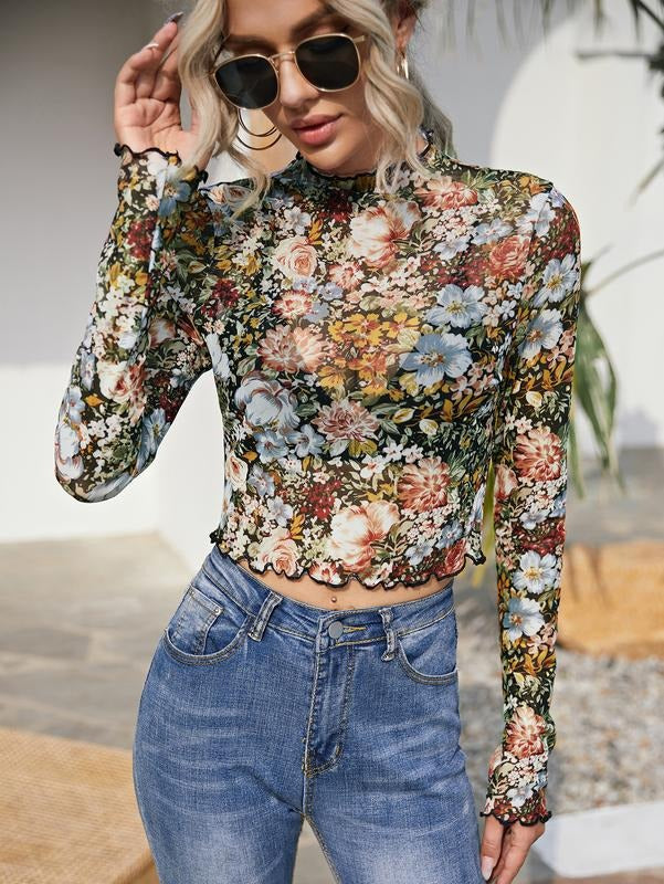 Women's Long Sleeve See Though Sheer Mesh Crop Tee Tops Hoodie, Sweatshirt | GrindPrints.com