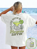 Women's Margarita & Cactus Print Round Neck Tee, Casual Letter Graphic Short Sleeve T-shirt for Summer, Ladies Clothes...