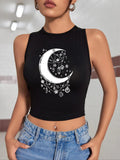 Women's Moon Print Round Neck Crop Tank Top, Summer Clothes Women, Casual Crew Neck Sleeveless Cropped Top For Summer,...