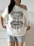 Women's Mouth Print Round Neck Tee, Casual Lip Printed Short Sleeve T-shirt for Daily Wear, Ladies Clothes for All...