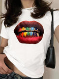 Women's Mouth Print Round Neck Tee, Fashion Casual Short Sleeve T-shirt, Ladies Summer Clothes for Daily Wear Hoodie,...
