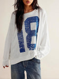 Women's Number Print Drop Shoulder Sweatshirt, Casual Long Sleeve Round Neck Pullover for Spring & Fall, Ladies Clothes...