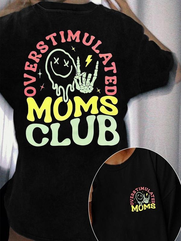 Women's Overstimulated Moms Club Round Neck Graphic Tee, Vintage Trendy Casual Short Sleeve T-shirt for Daily Wear,...
