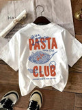 Pasta & Letter Print Round Neck Casual Short Sleeve Daily Summer Top T-Shirts, Hoodie, Sweatshirt