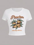 Women's Peach Print Round Neck Graphic Tee, Vintage Trendy Casual Letter Graphic Short Sleeve T-shirt For Daily Wear,...