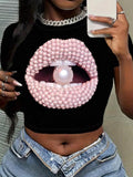 Women's Pearl Mouth Design Round Neck Tee, Fashion Casual Crew Neck Short Sleeve T-shirt for Daily Holiday Vacation...