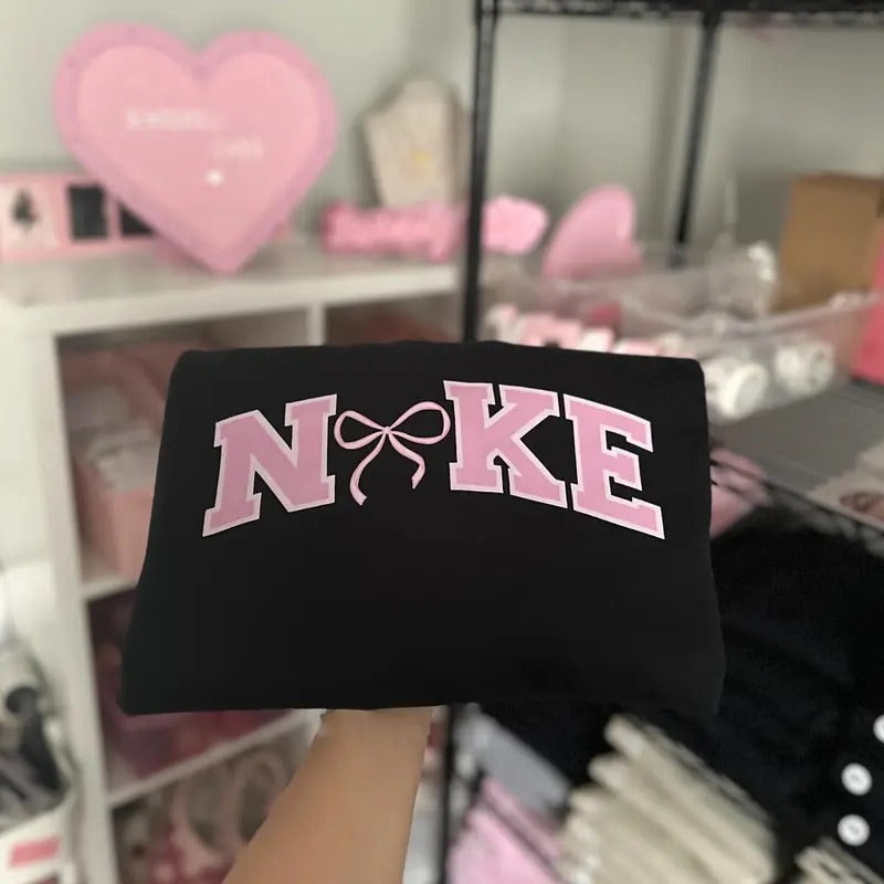 Women's Pink Bow Pullover Sweater, Medium-Heavy Fabric, Loose Fit T-Shirts, Hoodie, Sweatshirt | GrindPrints.com