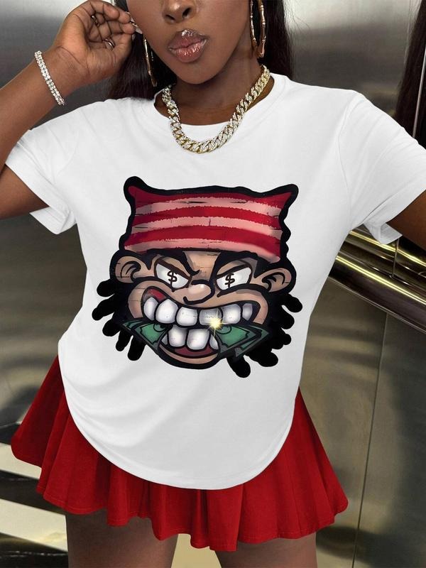 Women's Pirate Print Round Neck Tee, Casual Short Sleeve Crew Neck T-Shirt for Summer, Fashion Women's Top for Daily Wear...