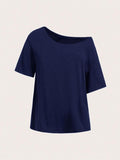 Women's Plain Asymmetrical Neck Tee, Casual Short Sleeve T-Shirt for Summer, Ladies Clothes for Daily Wear, Top Hoodie,...