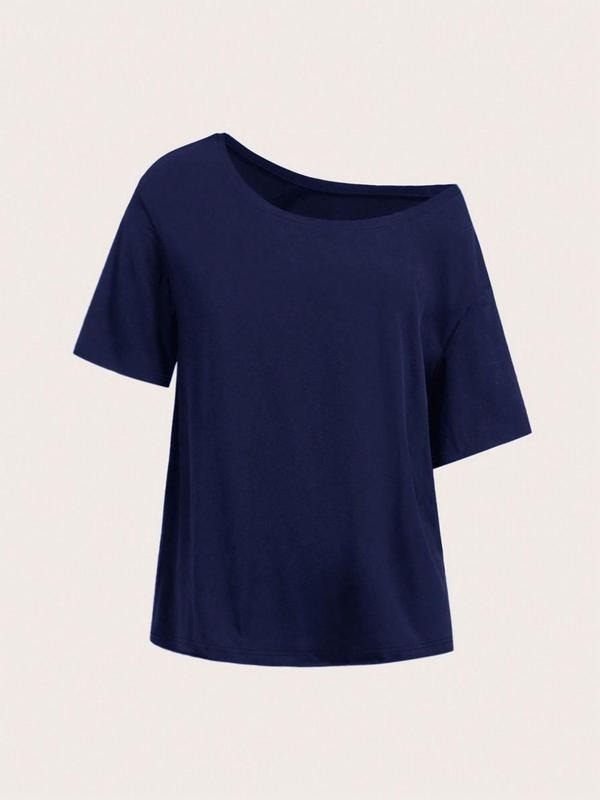 Women's Plain Asymmetrical Neck Tee, Casual Short Sleeve T-Shirt for Summer, Ladies Clothes for Daily Wear, Top Hoodie,...