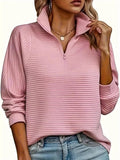 Women's Plain Half Zip Sweatshirt, Comfort Going Out Tops, Casual Style Women Clothing, Long Sleeve A Polo Neck Pullover...