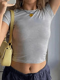 Women's Plain Round Neck Crop Tee, Casual Short Sleeve Crew Neck T-shirt for Daily Wear, Ladies Clothes for All...