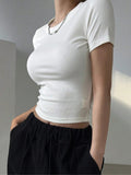 Women's Plain Round Neck Ribbed Crop Tee, Casual Short Sleeve T-shirt for Summer, Ladies Clothes for Daily Wear Hoodie,...