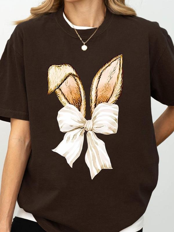 Women's Rabbit Ear & Bow Print Round Neck Tee, Casual Short Sleeve T-shirt for Summer, Ladies Clothes for Daily Wear...