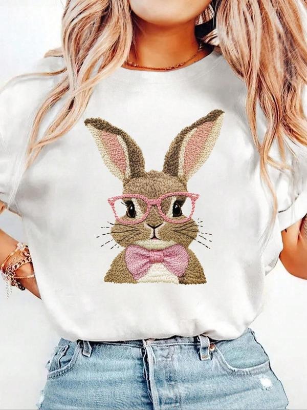 Women's Rabbit Print Round Neck Tee, Vintage Trendy Casual Short Sleeve T-shirt for Daily Wear, Ladies Summer Top Hoodie,...