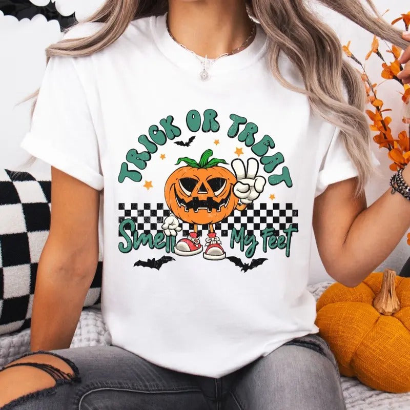 Retro Vintage Trick Treat Short Sleeve Casual Cotton Shirt Top Womenswear T-Shirts, Hoodie, Sweatshirt