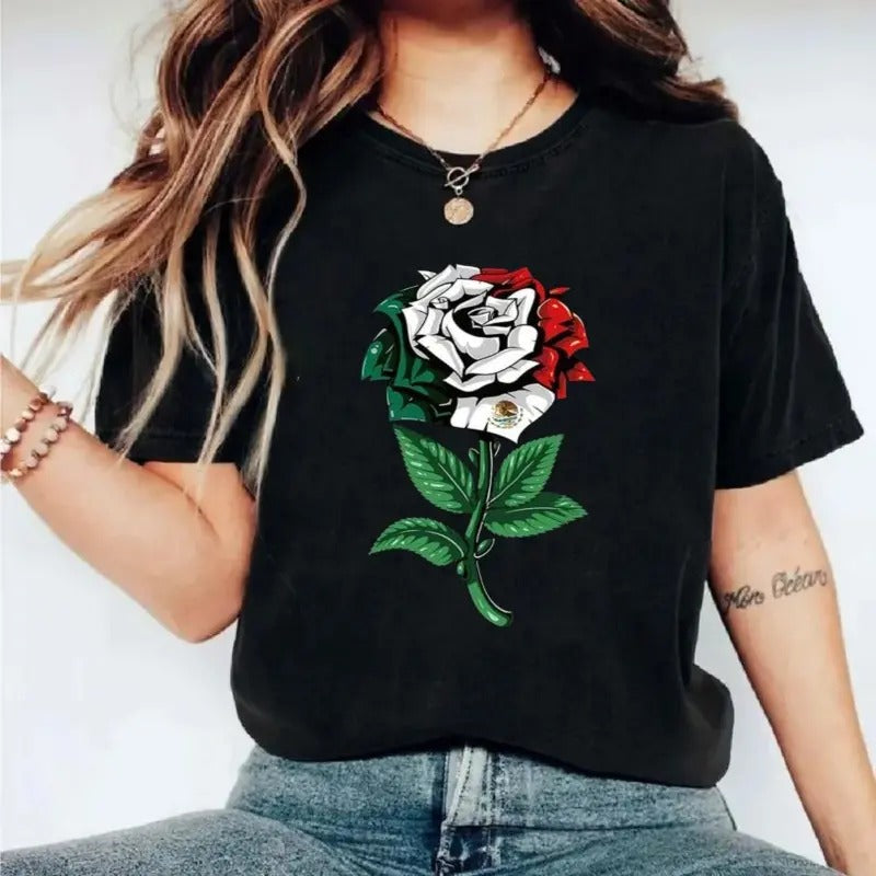 Women's Rose & Mexican Flag Print Round Neck Tee, Mexico Floral Shirt, Unisex Short Sleeve Tee Shirt, Casual Clothing...