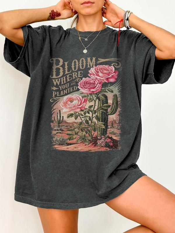 Women's Rose & Skeleton Print Round Neck Tee, Vintage Trendy Casual Short Sleeve T-shirt for Daily Wear, Ladies Summer...