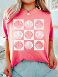 Women's Shell & Starfish Print Round Neck Graphic Tee, Vintage Trendy Casual Figure Graphic Short Sleeve T-shirt for...