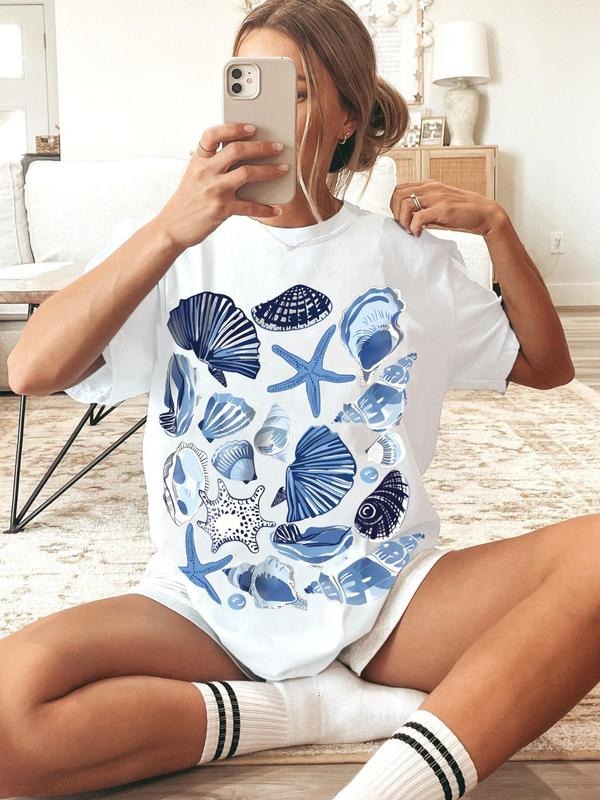 Women's Shell & Starfish Print Round Neck Tee, Casual Short Sleeve Crew Neck T-shirt for Summer, Fashion Women's Top for...