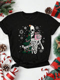 Women's Skeleton & Christmas Tree Print Round Neck Graphic Tee, Vintage Trendy Casual Short Sleeve T-shirt for Daily...