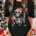 Skeleton & Coffee Print Drop Shoulder Casual Letter Short Sleeve Round Neck Fall & Winter Top Daily T-Shirts, Hoodie, Sweatshirt