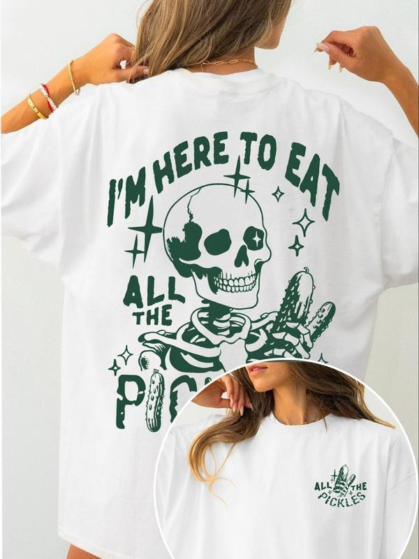 Women's Skeleton & Letter Print Round Neck Tee, Fashion Casual Crew Neck T-shirt for Daily Holiday Vacation Outdoor Wear,...