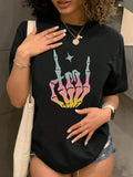 Women's Skeleton Hand Print Round Neck Graphic Tee, Vintage Trendy Casual Short Sleeve T-shirt for Daily Wear, Ladies...