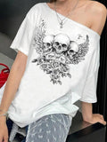 Women's Skull & Floral Print Asymmetrical Neck Tee, Y2K Casual Fashion Graphic T-shirt for Daily Wear, Ladies Clothes for...