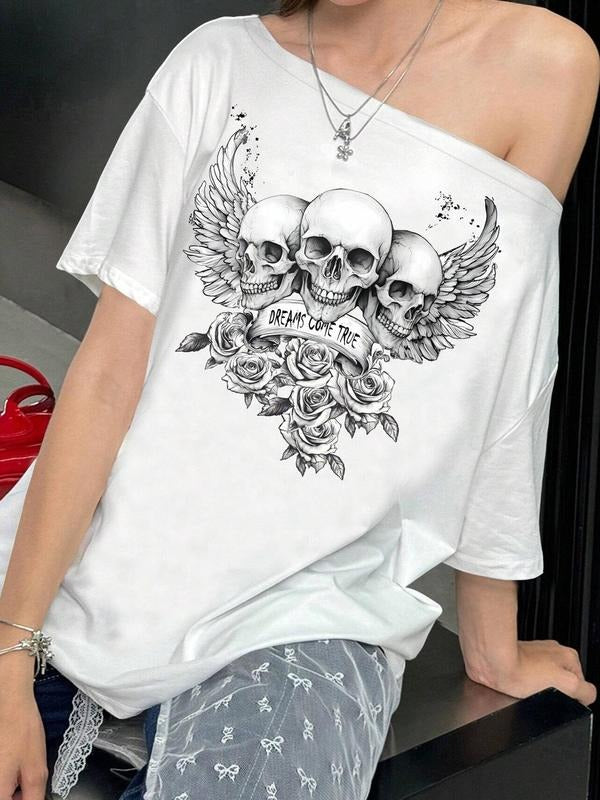Women's Skull & Floral Print Asymmetrical Neck Tee, Y2K Casual Fashion Graphic T-shirt for Daily Wear, Ladies Clothes for...