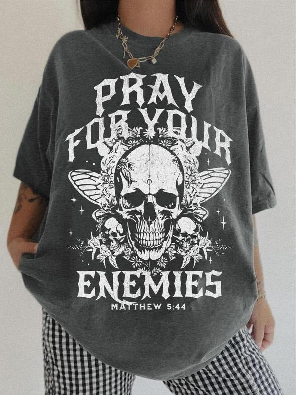 Skull & Letter Print Round Neck Casual Crew Neck Daily Vacation Outdoor Clothes Summer T-Shirts, Hoodie, Sweatshirt