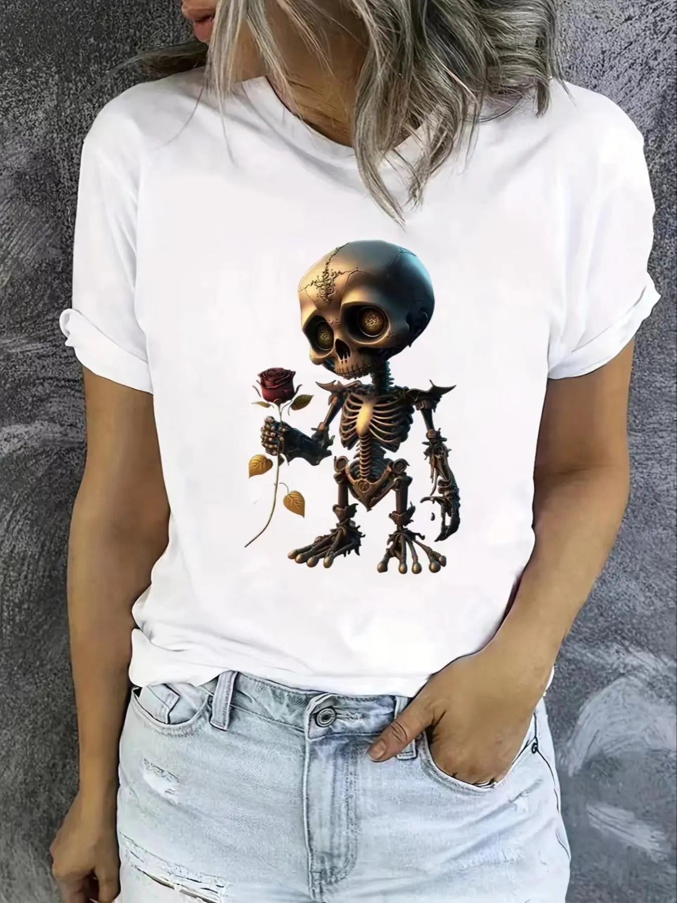Women's Skull & Rose Print Round Neck Graphic Tee, Vintage Trendy Casual Short Sleeve T-shirt for Daily Wear, Ladies...