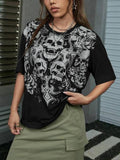 Women's Skull Print Round Neck Tee, Fashion Casual Crew Neck T-Shirt for Daily Holiday Vacation Outdoor Wear, Ladies...