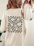 Smile Face & Checkerboard Print Round Neck Casual Short Sleeve Crew Neck Summer Top Daily T-Shirts, Hoodie, Sweatshirt
