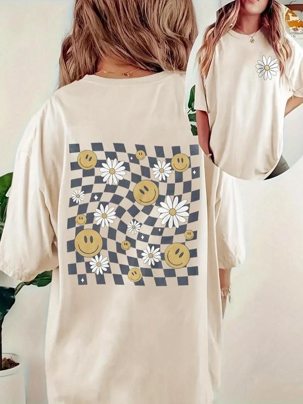 Smile Face & Checkerboard Print Round Neck Casual Short Sleeve Crew Neck Summer Top Daily T-Shirts, Hoodie, Sweatshirt