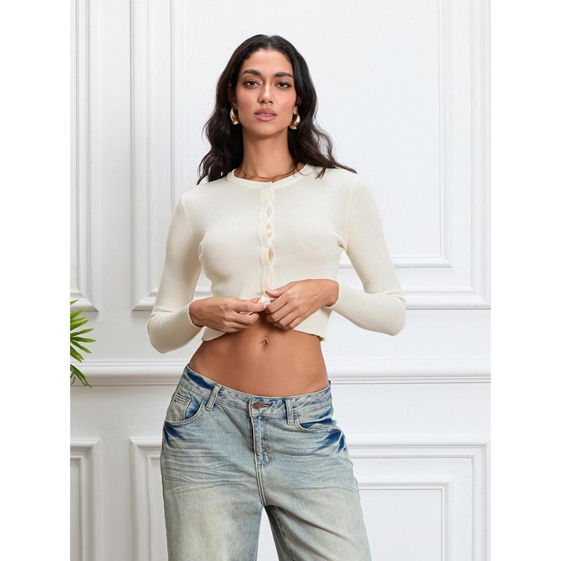 Women's Solid Color Knit Cardigan Button Down Long Sleeve Crew Neck Lightweight Sweater Knitwear Round Neck T-Shirts,...