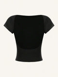 Women's Solid Round Neck Backless Crop Tee, Casual Short Sleeve Crew Neck T-shirt for Summer, Fashion Women's Top for...