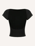 Women's Solid Round Neck Backless Crop Tee, Casual Short Sleeve T-shirt for Summer, Ladies Clothes for Daily Wear Hoodie,...