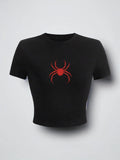 Women's Spider Graphic Print Crewneck Crop Baby Tee, Summer Clothes Women, Casual Street Short Sleeve T-shirt, Lady...